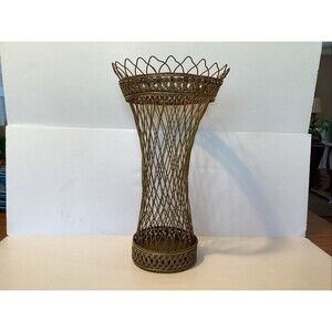 vintage French woven basket wire vase 15”x9”